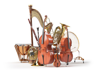 Obraz premium Instrumenty muzyczne orkiestry na białym tle renderowania 3D