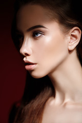 Close-up fashion portrait of attractive girl with perfect skin
