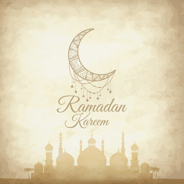 Illustration of Ramadan Kareem with month and a mosque for the celebration of Muslim community festival. Free hand write with a modern lantern and stars specially for Ramadan.