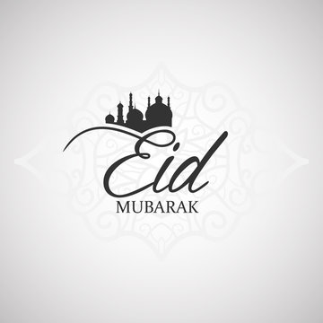 Eid Mubarak handwritten lettering. Vector calligraphy with mosque isolated on white background for your design.