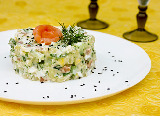 Vegetables eggs salted salmon festive salad