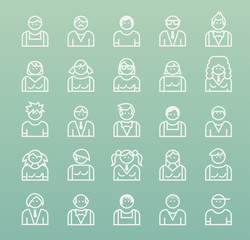 Set of Quality Universal Standard Minimal Simple People White Thin Line Icons on Color Background. 
