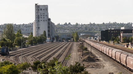 Fototapeta premium Multiple empty train tracks in the city of Seattle 
