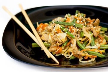 Pork green beans vegetables stir fry, traditional asian cuisine