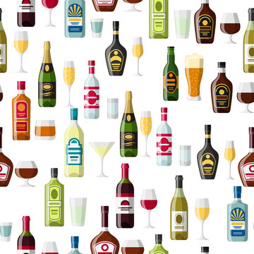 Alcohol drinks seamless pattern. Bottles, glasses for restaurants and bars