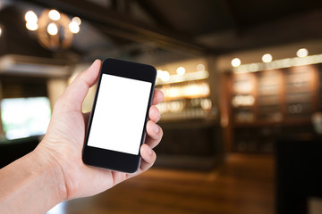 Person using smartphone white screen holder on hand with blurry