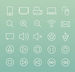 Set of Minimal Simple Multimedia and Interface Thin Line Icons on Green Background.