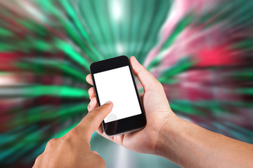 Person using smartphone white screen holder on hand with blurry