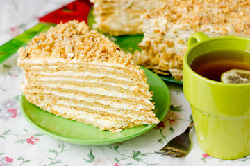 Cake Napoleon and tea