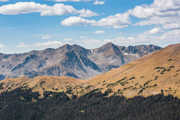 Overlook of Rocky Mountains with plains and pine forest in Colorado