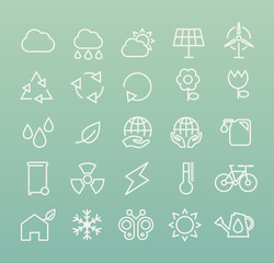 Set of White Minimal Simple Ecology Thin Line Icons on Color Background.