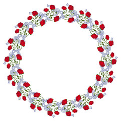 Round frame with red roses. Vector clip art.