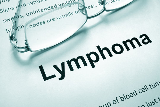 Paper with word lymphoma and glasses. Medical concept.