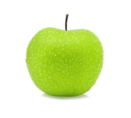green apple with a Drop of water on white background.