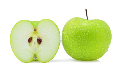 Drop of water green apple on white background