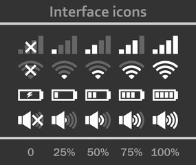 Interface icons set. Status signal battery icon set vector. White and gray colors. Rounded corners. Phone set graphic.