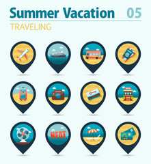 Traveling pin map icon set. Summer. Vacation