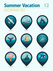Excursion sea pin map icon set. Summer. Vacation