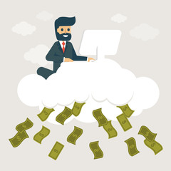 Businessman make money on cloud. Online business concept vector illustration.