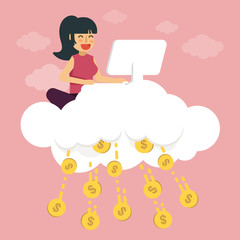 Young girl make money on cloud. E-commerce concept vector illustration.