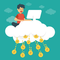 Young man make money on cloud. Online business concept vector illustration.