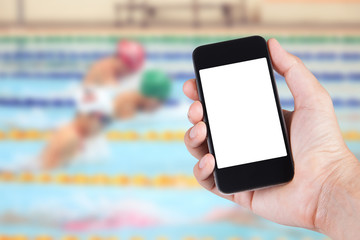 Person using smartphone white screen holder on hand with blurry