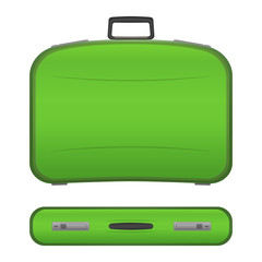Green realistic suitcase with shadows in two projections, isolated on white background. Plastic or leather modern travel bag. Baggage for tourists on vacations. Stock illustration.