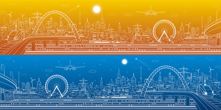 Industrial and transport panorama, urban skyline, white lines landscape, day and night city, airplane fly, train on the bridge, vector design art
