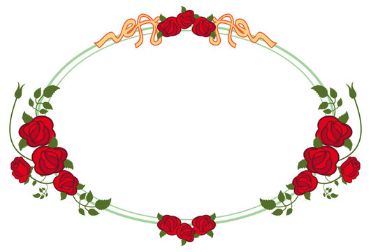 Oval frame with red roses. Vector clip art.