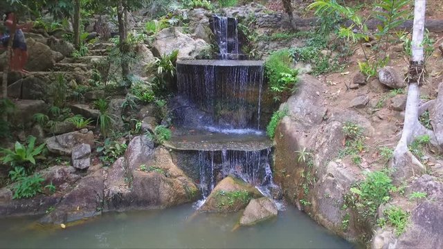 Artificial Waterfall in the Jungle of Thailand. a Tropical Forest. Green Palm Trees and the Water Falls From the Rocks Down.