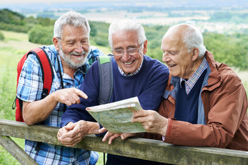Group Of Senior Male Friends Hiking In Countryside - obrazy, fototapety, plakaty