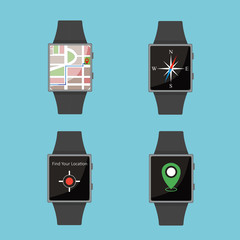 Smart Watch.Icon set. Cartoon style. Flat elements. Blue background.