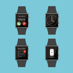 Smart Watch.Icon set. Cartoon style. Flat elements. Blue background.
