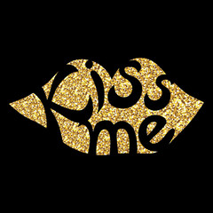 Kiss me - hand painted ink brush pen calligraphy, gold glitter texture. Inspirational word isolated on the black background.