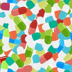 Medicine vector seamless pattern. Colorful tablets with capsules. 