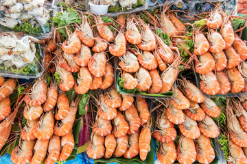 Cooked shrimps closeup food background