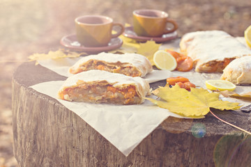 Strudel with apples, pumpkin, apricots, lemon. Autumn table decoration