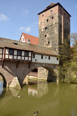 Fototapeta na wymiar Covered Henkersteg bridge with adjacent tower and gooses, in Nuremberg, Germany