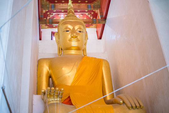 Big golden buddha statue in wat pa lay lai temple , suphanburi ,