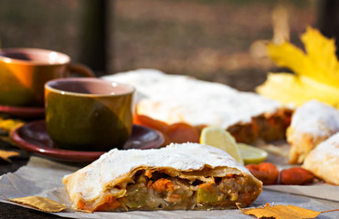 Strudel with apples, pumpkin, apricots, lemon. Autumn table decoration