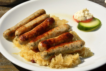 Bratwurst with sauerkraut in Germany.