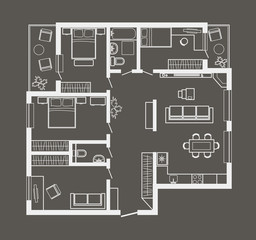 Fototapeta na wymiar linear architectural sketch plan of four bedroom apartment on gray background