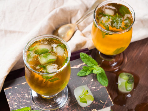 Cold tea with ice and mint leaves