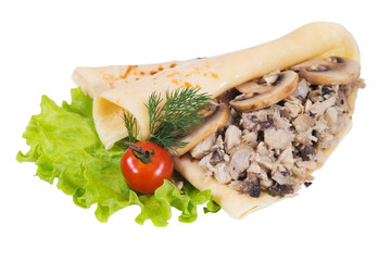 Pancakes with meat and mushrooms on a white background