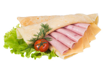 Pancakes with ham and cheese on a white background