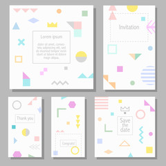 Set of artistic colorful universal cards. Wedding, anniversary, birthday, holiday, party. Design for poster, card, invitation. Memphis style - 116891956