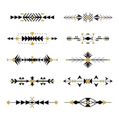 Boho tribal Aztec ethnic style borders set with golden glitter texture elements. Vector illustration - 116892317