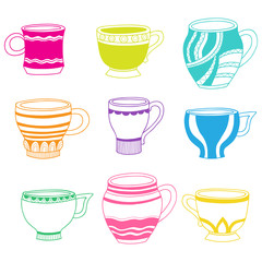 Vector doodle of cartoon cups for tea or coffee on white backgro