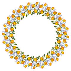 Round frame with yellow roses. Vector clip art.
