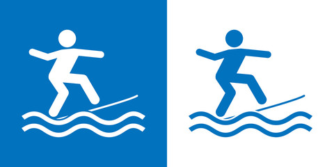 Icono plano surfista sobre olas azul